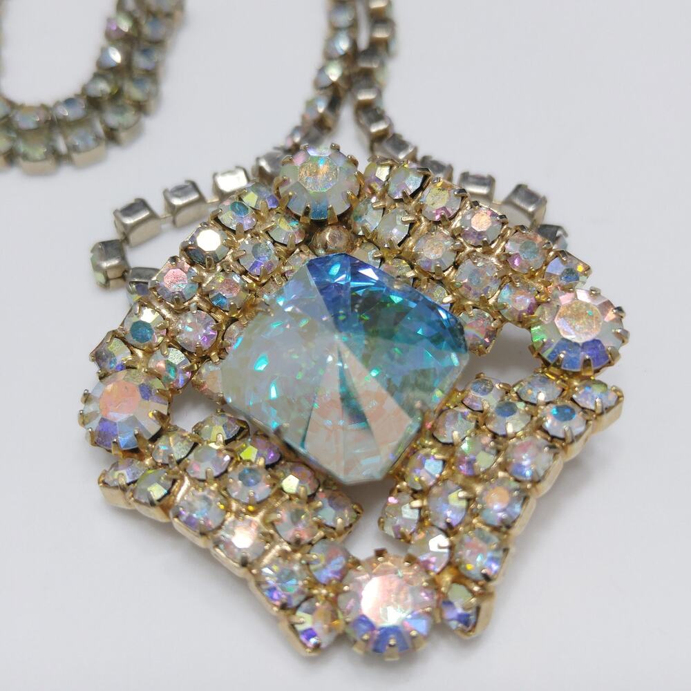 Vintage AB Rhinestone Rivoli Pendant Necklace Gold Tone 1950s